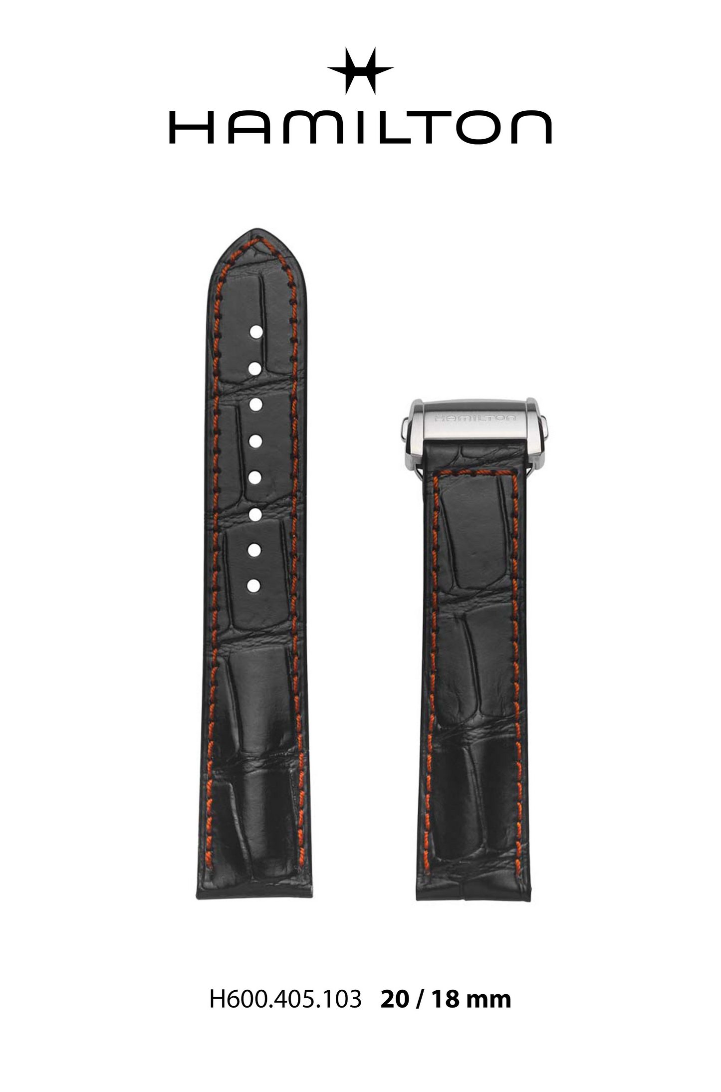 Hamilton RailRoad Leather-Black-Orange Watch Strap 20-mm Ref H690.405.103 - Genuine OEM