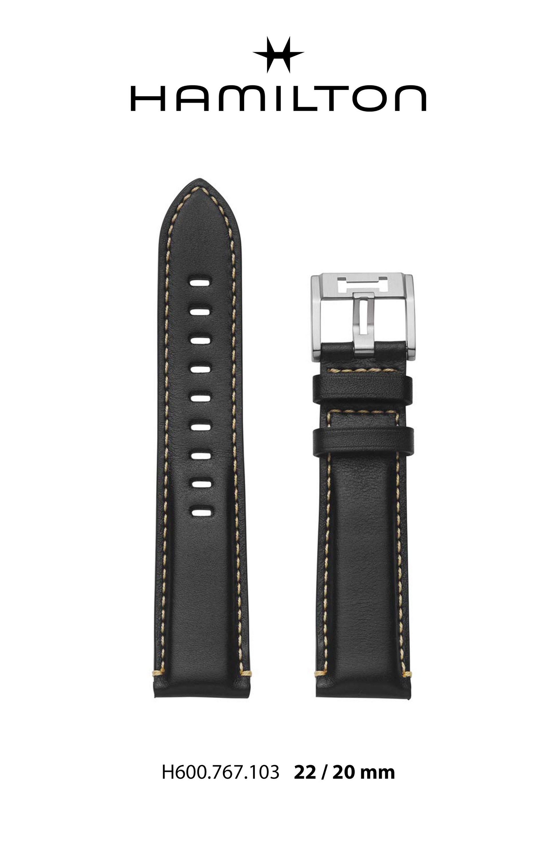 Hamilton Khaki Worldtimer Leather-Black Watch Strap 22-mm Ref H690.767.103 - Genuine OEM