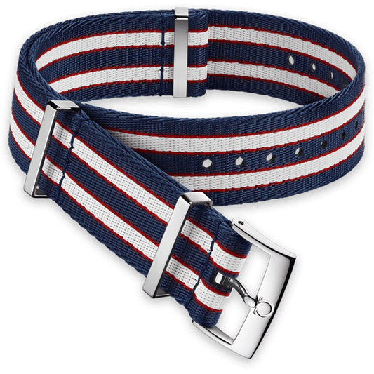 OMEGA Nylon Polyamide Red White Blue striped Strap 20 mm GB and Buckle Ref 031CWZ010632, 7613304233079 – Genuine OEM