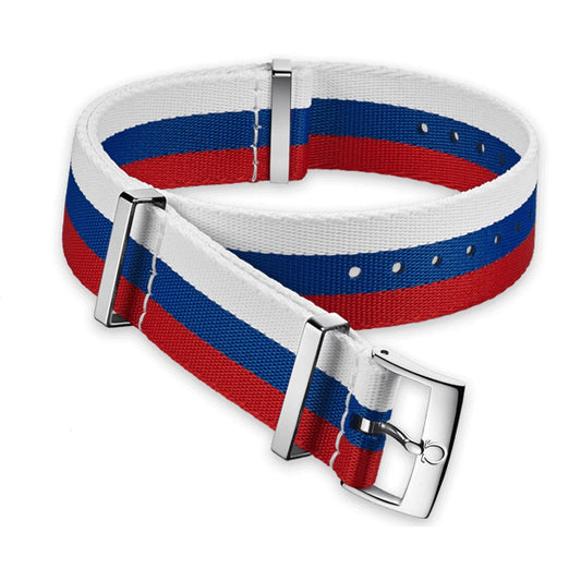 OMEGA NATO Red/White/Blue Strap 22MM Standard Buckle Ref 031CWZ010646, 7613304233215 – Genuine OEM